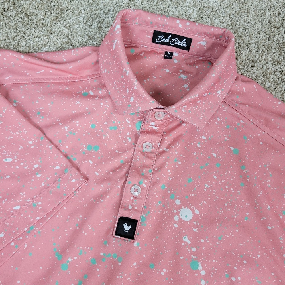 Bad Birdie Mens Medium Salmon AOP Paint Splatter Performance Stretch Golf Polo
